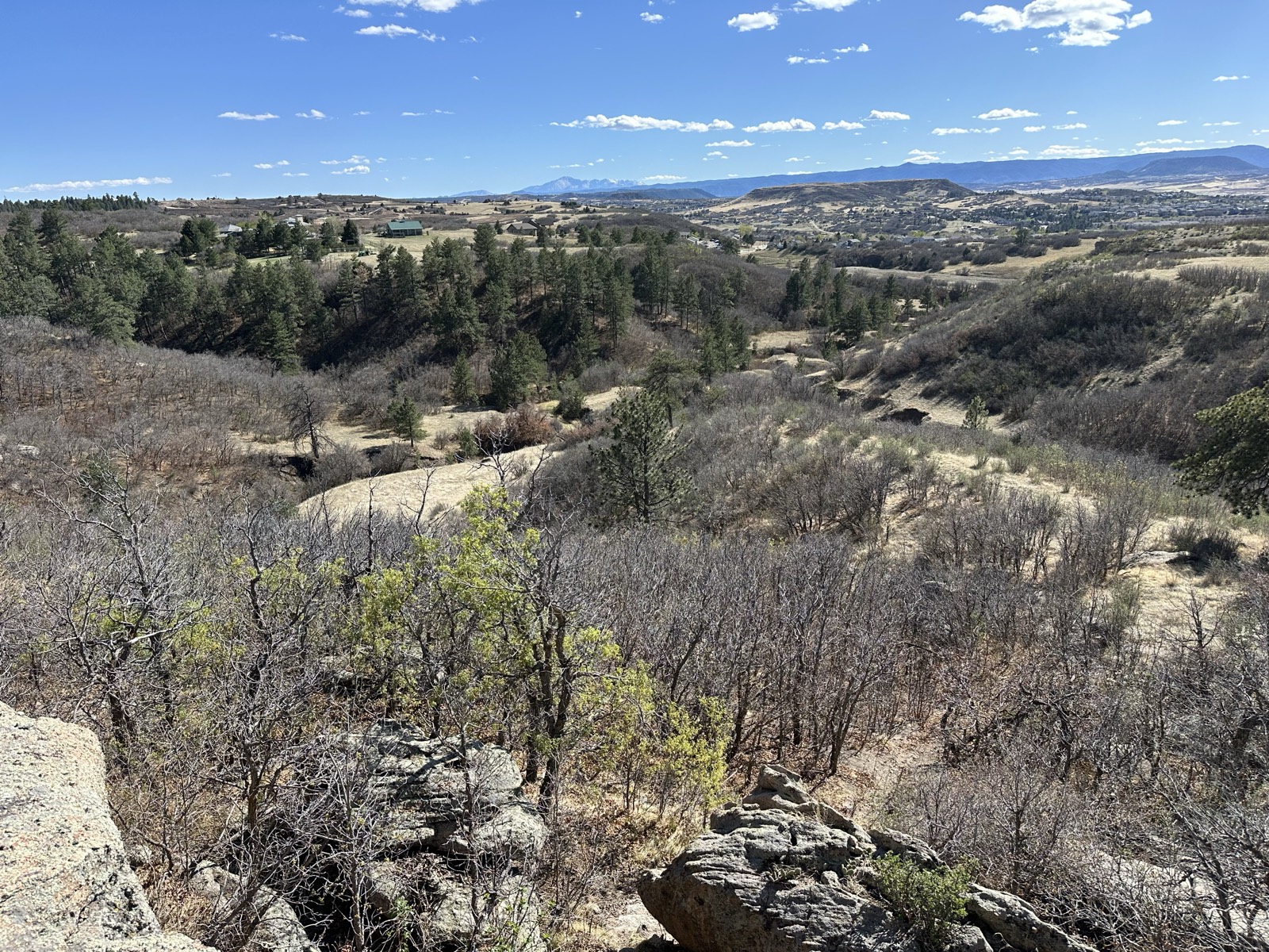 Wooded draw and rock outcrops with a valley view